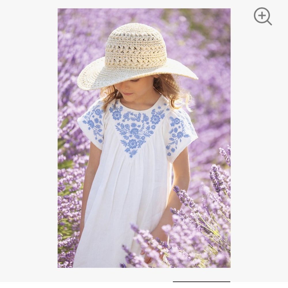 White, blue dress by Tartine et Chocolat. 100% cotton. Excellent for Easter